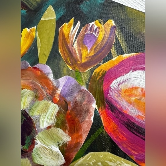 Painting Original Art Mixed Media Acrylic Collage on Canvas 12x16 Floral signed - Picture 8 of 12